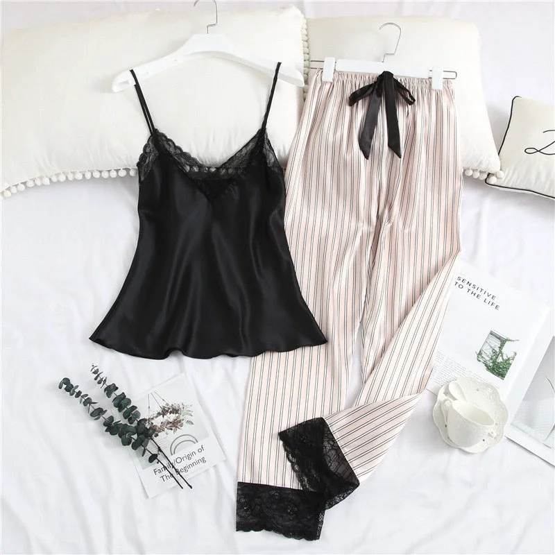 2 Piece Sexy Lace Satin Pajamas For Women