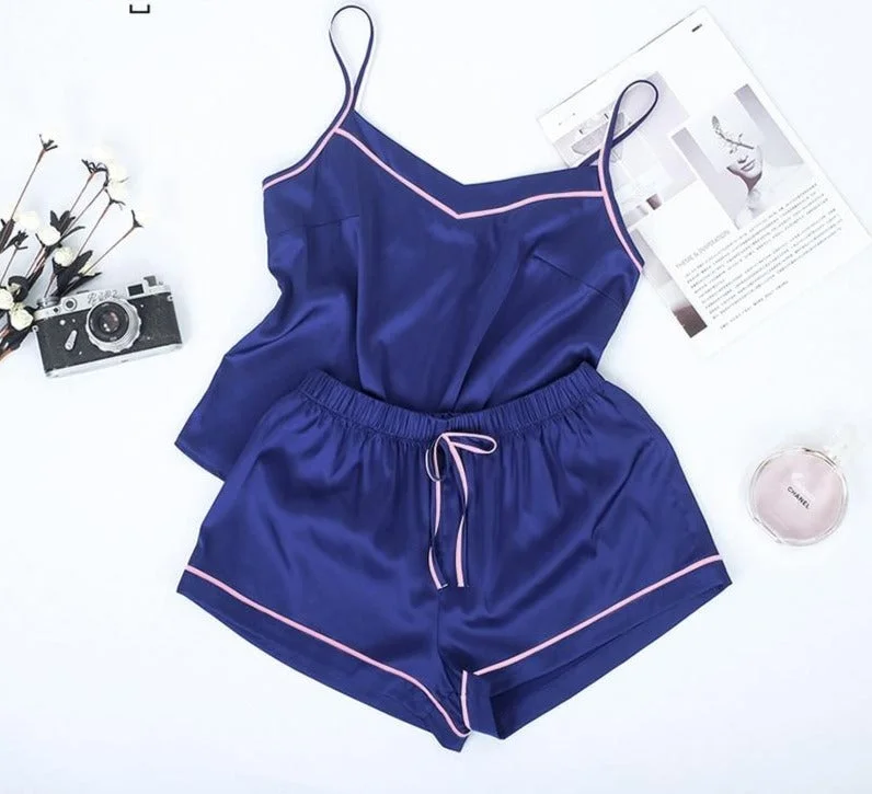 Contrast Stripe Side Navy Pajama Set