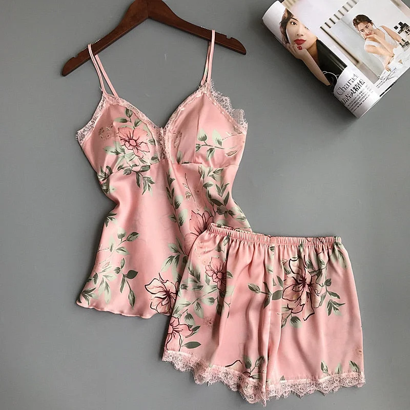 Spaghetti Strap  Printing  Lace Sexy Women Pajamas